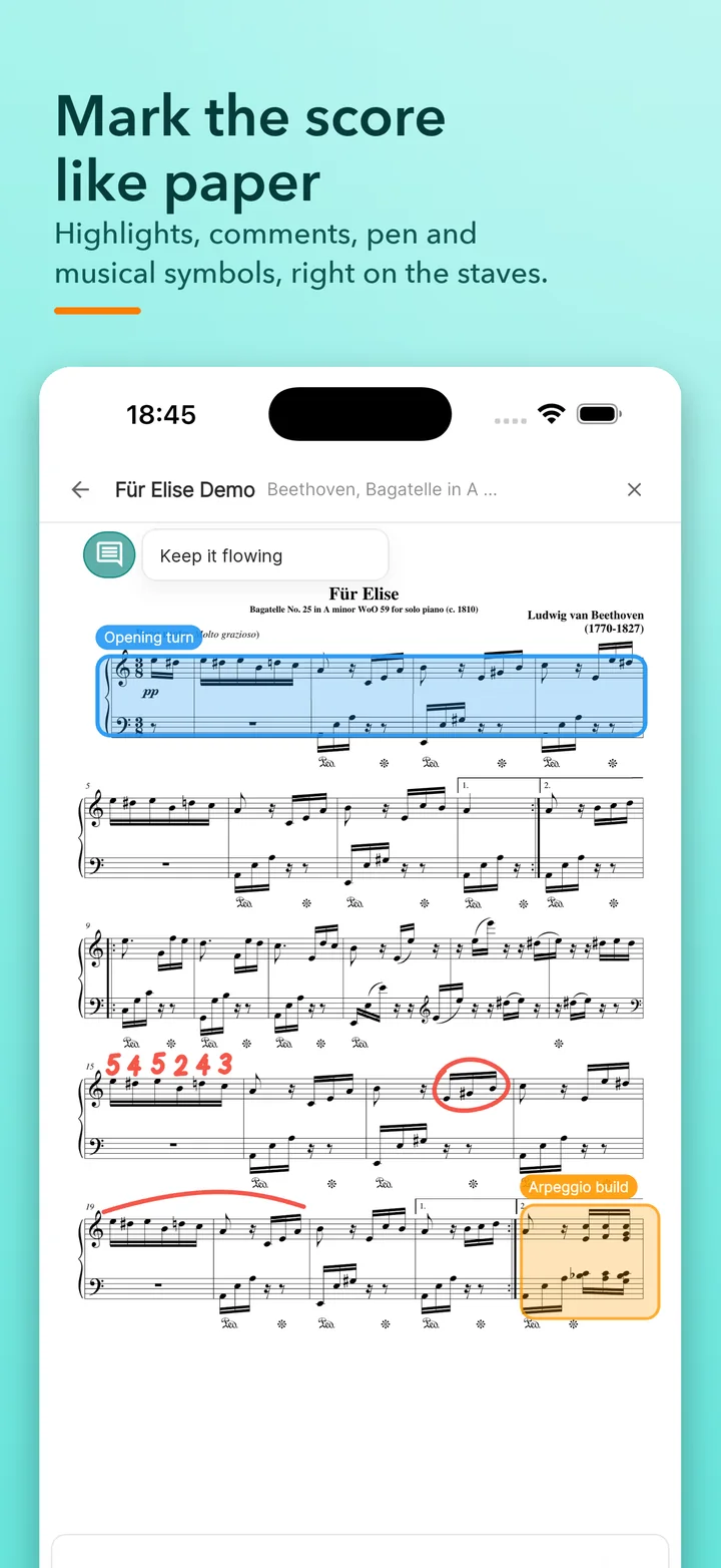Highlights, comments, pen marks and musical symbols on a score in Match Play