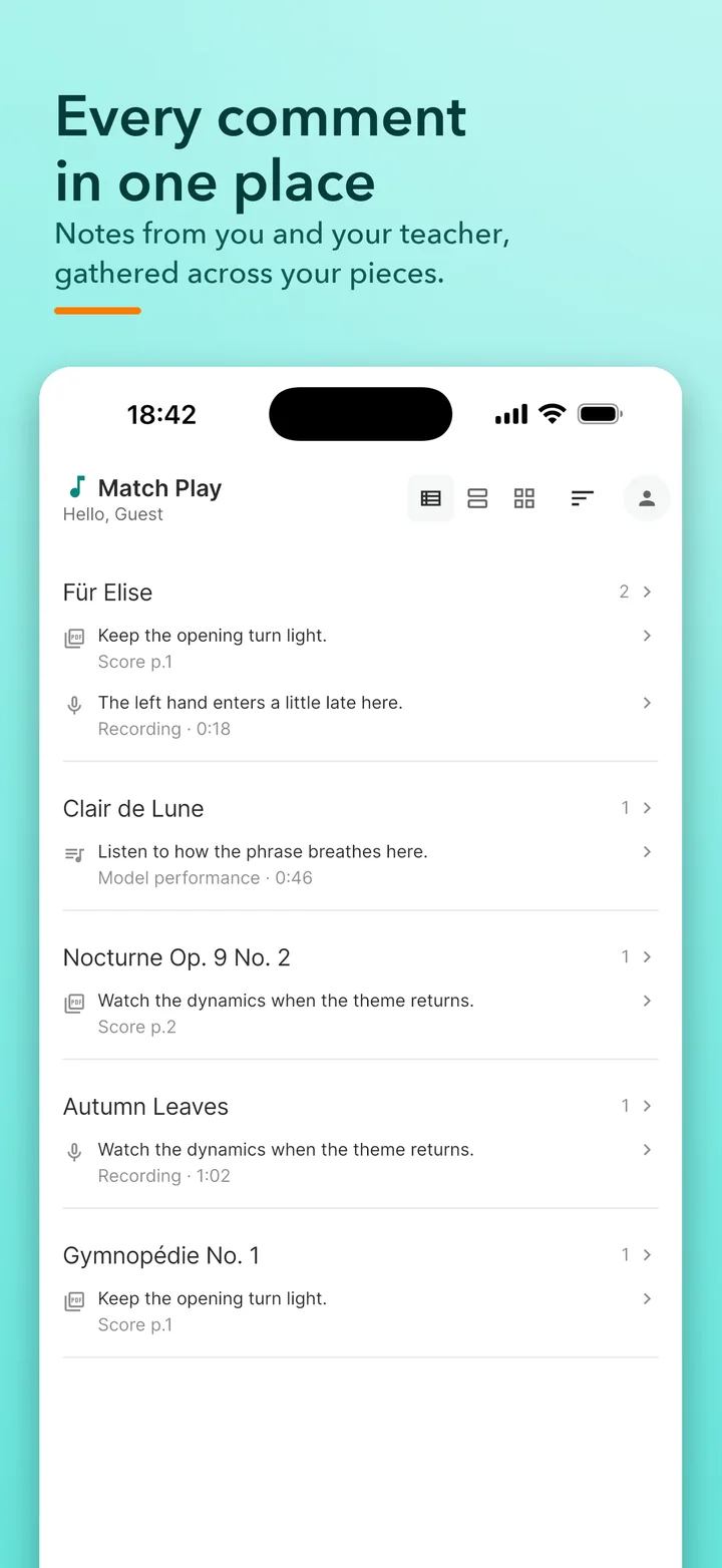 The Match Play Comments tab gathering comments from score and recordings across pieces