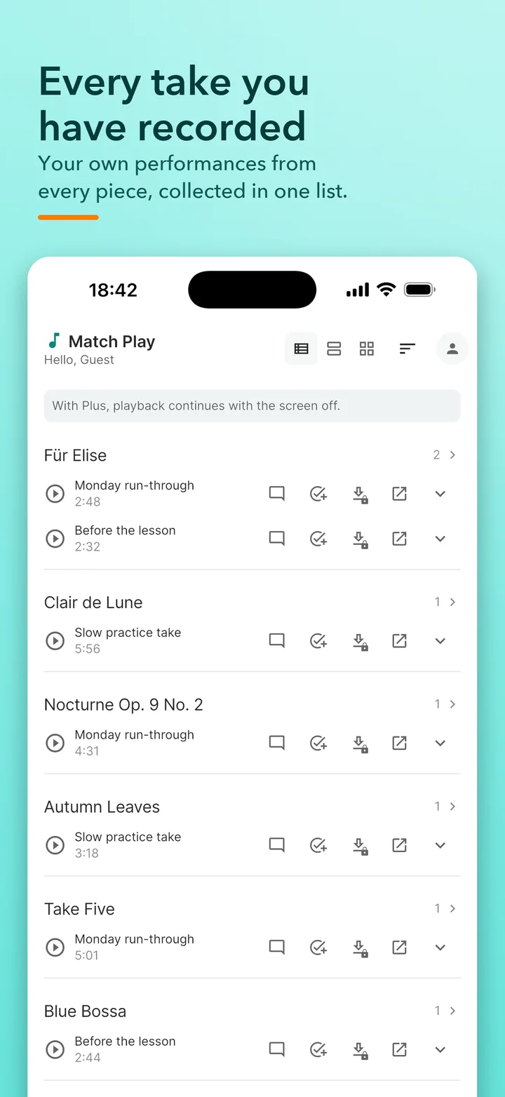 The Match Play Your Performances tab listing takes from every piece